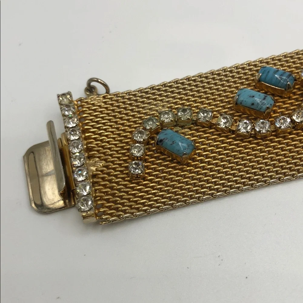 Vintage Gold Tone Mesh Cuff Bracelet Faux Turquoise Rhinestone Statement - Picture 7 of 7
